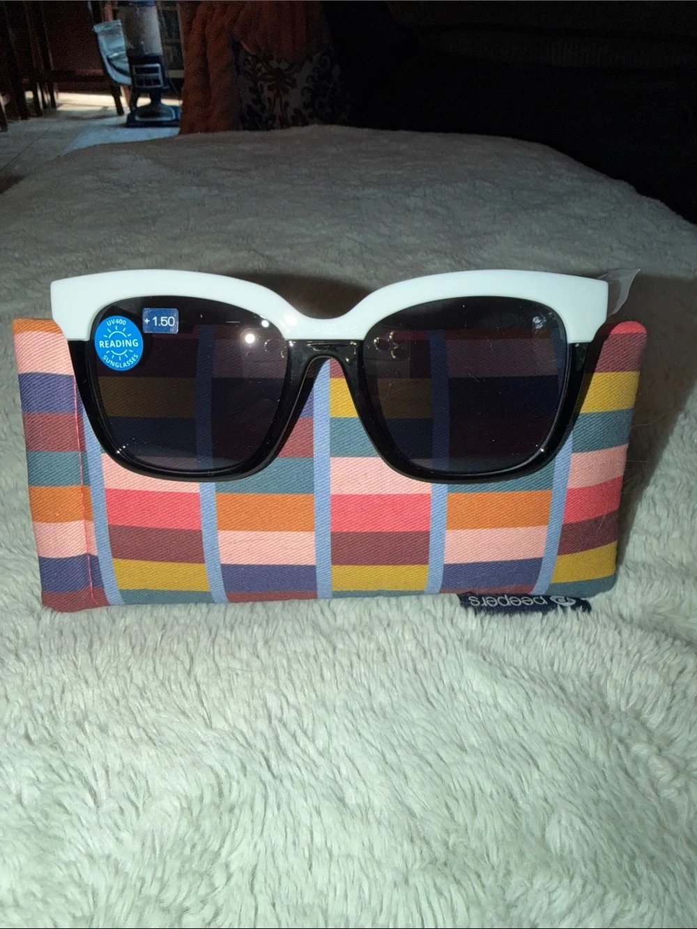 White Frame Peepers Reading Sunglasses with Black Lenses